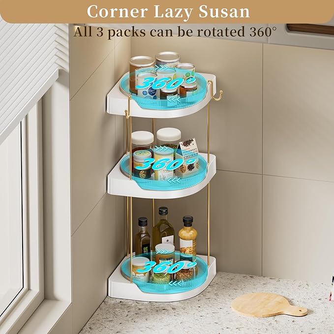3 Pack Lazy Susan Turntable - Corner Spice Organizer for Cabinet - 9 Inch Rotating Condiment Rack Storage for Refrigerator, Pantry, Kitchen, Vanity, Bathroom Countertop (3 Tier-Clear)