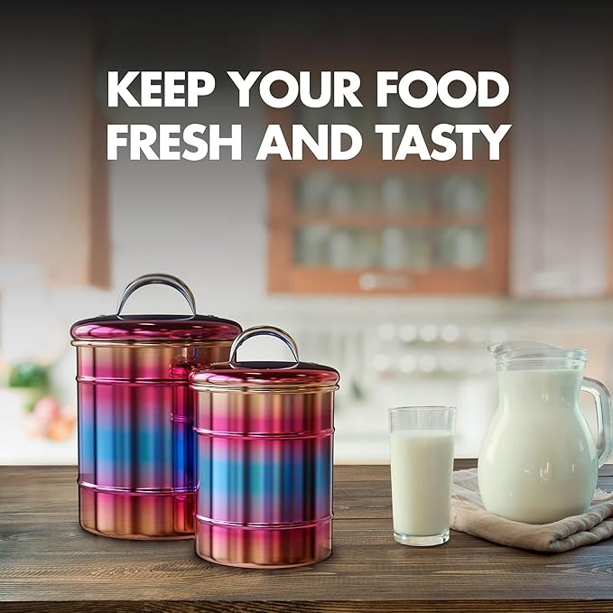 Amici Home Rainbow Metal Storage Canister | Set of 2 | Airtight Lid | 38 & 64 Ounce Capacity | Modern Home Décor | Decorative Metal Canisters for Kitchen Countertop