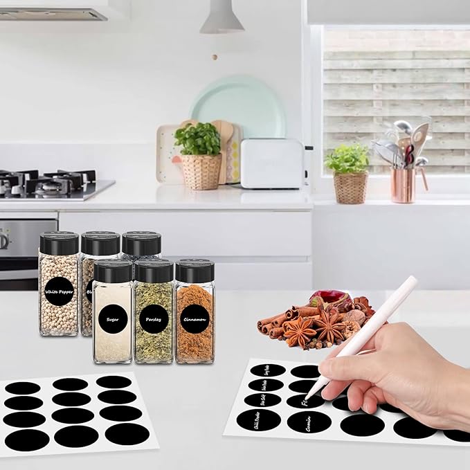 12 Pack Glass Spice Jars with Labels, 4oz Spices Containers Spice Jars with Black Shaker Lids, Empty Containers for Spice, Silicone Funnel and Pen Included