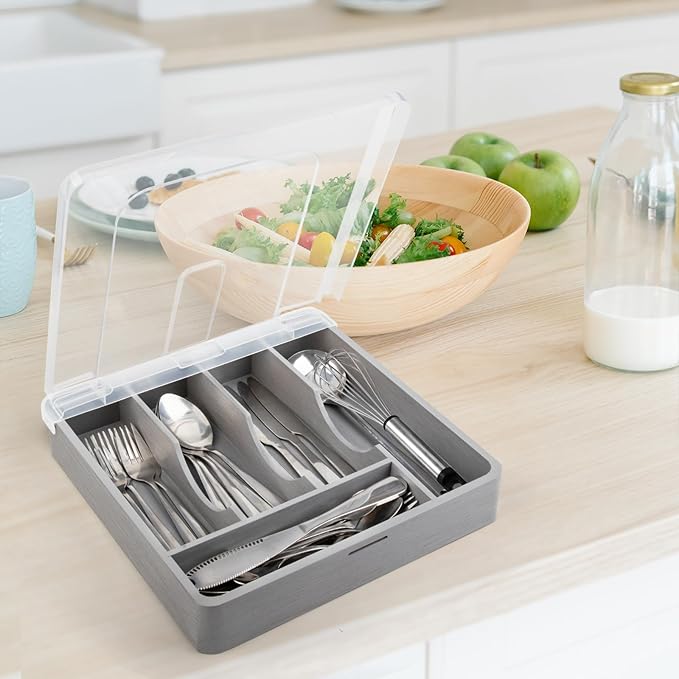 Utensil Holder for Countertop with Lid, Plastic Silverware Tray for Drawer, 5 Compartments Flatware Organizer, Gray
