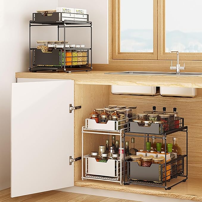 Under Sink Organizer Pull-out Kitchen Bathroom Organizer Spice Rack with Sliding Drawer, 2 Tier Storage Rack for Food Storage Room Makeup