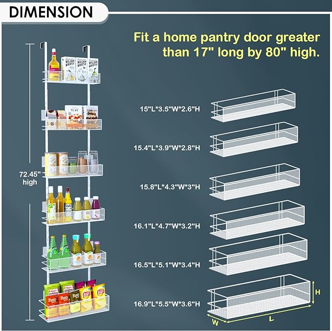 Over the Door Pantry Organizer - 6-Tier Mesh Basket Hanging & Wall Mounted Pantry Door Organizer, Over the Door Spice Rack with Adjustable Hooks for Kitchen, Bathroom, Bedroom, Storage Room (White)