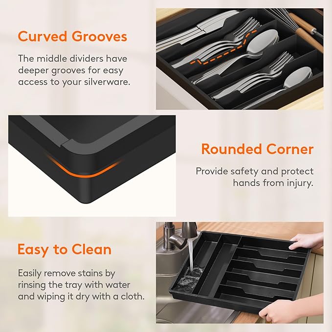 Lifewit Silverware Tray, Deep Wide Cutlery Drawer Organizer Storage for Kitchen, Plastic Flatware Utensil Holder Divider for Spoons Forks Knives Tableware, 7 Compartment, Black
