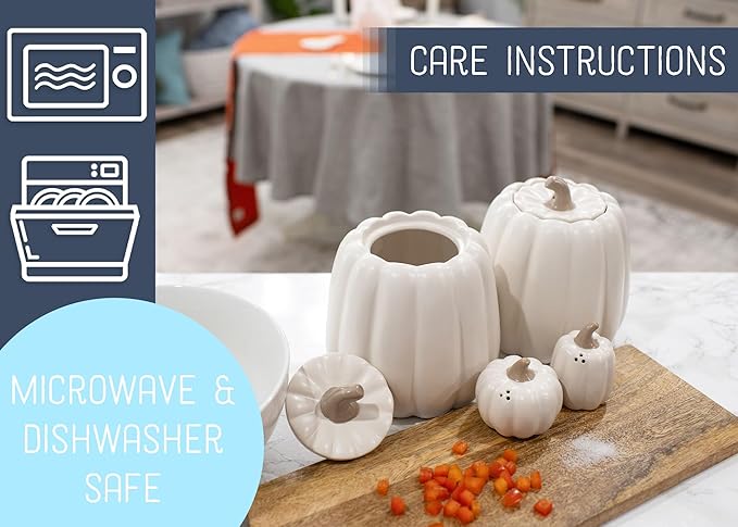 Nat & Jules Pumpkin Shaped 6 x 6 Inch Ceramic Storage Canisters: Perfect for Halloween, Thanksgiving and Indoor Fall Table Décor & Centerpieces - Set of 3, White