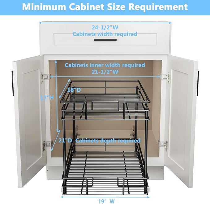 LOVMOR Cabinet Organizer, 2-Tier Pull Out Cabinet Organizers 20" W x18 D, Pull Out Home Organizers Chrome Pull Out Drawer for Base Cabinet Black