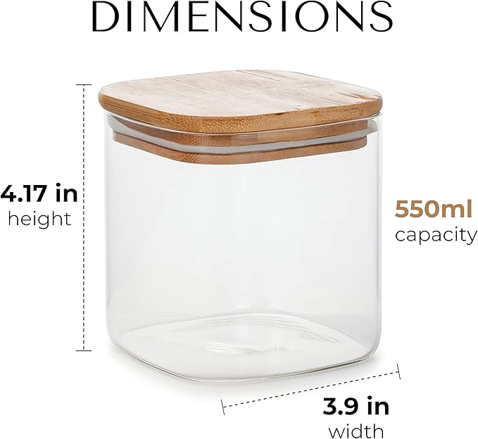 18.6oz Square Borosilicate Glass Canister With Bamboo Lid, Airtight Pantry Storage Jar Containers Ideal for Rice, Candy, Sugar, Flour, Nuts, Cookies and Coffee Beans (4 Pack)