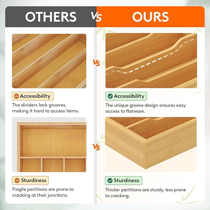 Lifewit Silverware Drawer Organizer Tray, Bamboo Cutlery Storage for Kitchen Drawer, 5 Compartment Flatware and Utensil Holder Divider for Spoons Forks Knives Tableware, Natural