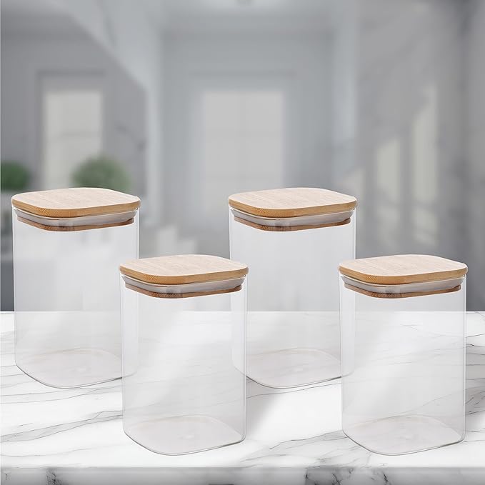 32oz Square Borosilicate Glass Canister With Bamboo Lid, Airtight Pantry Storage Jar Containers Ideal for Rice, Candy, Sugar, Flour, Nuts, Cookies and Coffee Beans (4 Pack)