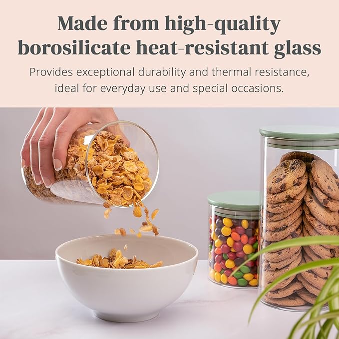 5-Piece Glass Storage Containers With Lids | Food Grade Safe Airtight Snack Containers, Pantry Organizers and Kitchen Storage with Colorful Bamboo Lids for Pasta, Oats, Coffee & Sugar