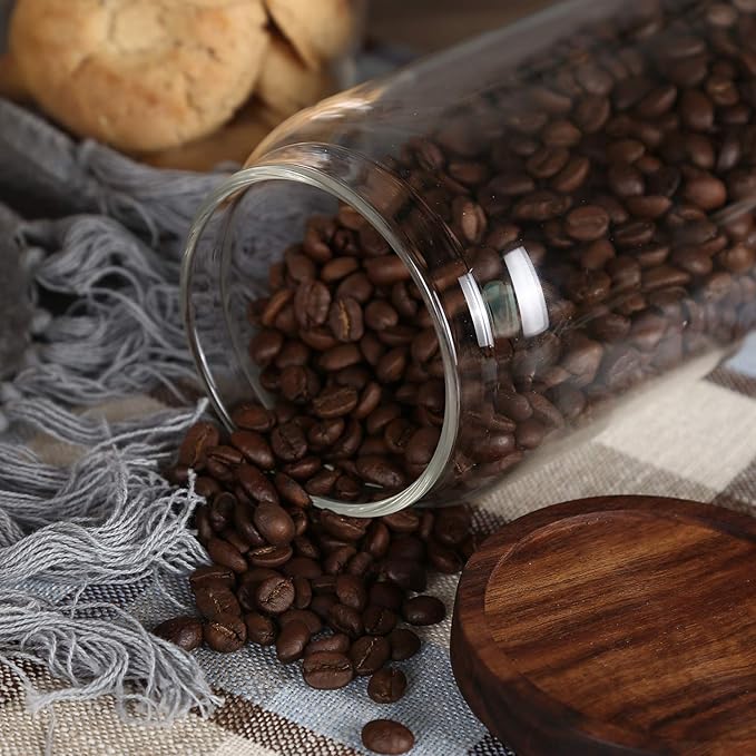 KKC HOME ACCENTS Clear Glass Food Storage Canisters with Airtight Wooden Lids for Coffee Beans,Ground Coffee,Loose Leaf Tea,Pack of 4