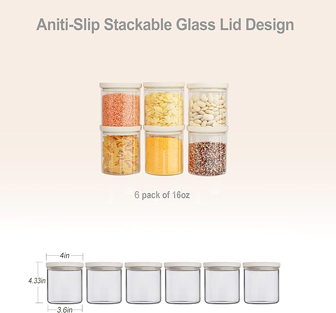 Glass Food Storage Jar with Glass Lid, Food Canister Set with Airtight Lids, Glass Pantry Jar for Kitchen Organization. Food Storage Containers in Pack of 6, 16oz.