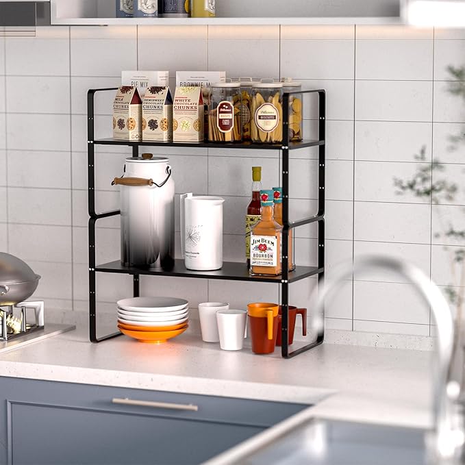 Expandable Kitchen Cabinet Shelf Organizers 2 Pack, Stackable Metal Pantry Storage Shelves Rack, Adjustable Counter Shelf for Cabinets, Countertop, Cupboard Organizers and Storage, Black