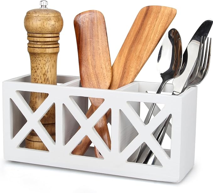 Wooden Cutlery Silverware Holder Flatware Utensil Caddy Wood Silverware Organizer Storage for Countertop Fork Spoon Knives Organizer Small Kitchen Utensil Holder Party White Table Cutlery Caddy