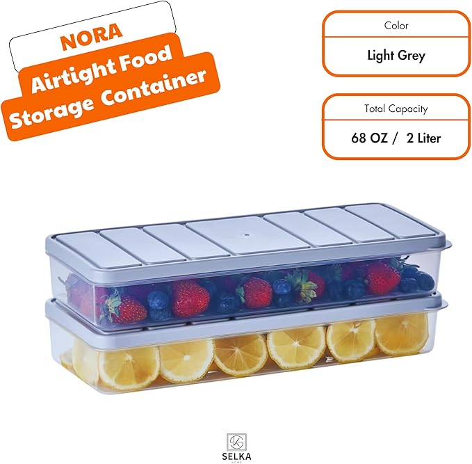 Airtight Food Storage Containers with Lids, Refrigerator Organizers and Storage, Freezer Organizer Bins, Set of 2, 34 Oz, Light Grey
