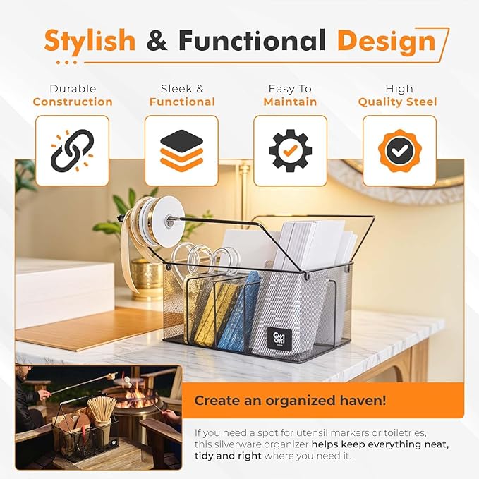 Candor23 Steel Mesh Silverware Caddy, Paper Plate Organizer for Countertop, Utensil Caddy with Removable Handle, Oversized Utensil Holder for Kitchen Counter, Office, Black
