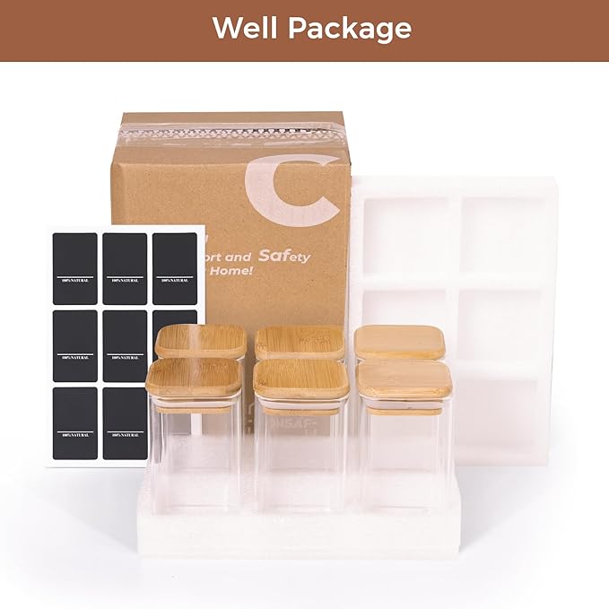 ComSaf 6Pcs 8oz Spice Jars with Label Trial Set, Glass Spice Jars with Bamboo Lids Supplementary, Spice Container Trial Set, Perfect for Ktichen Starter