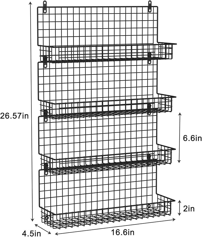 X-cosrack Spice Rack Organizer Wall Mounted 4-Tier Stackable Hanging Spice Storage Racks,Great for Kitchen and Pantry Storing Spices, Large with 5 Hooks, Up to Storage 80 Jars(Patent No.:D909138S)