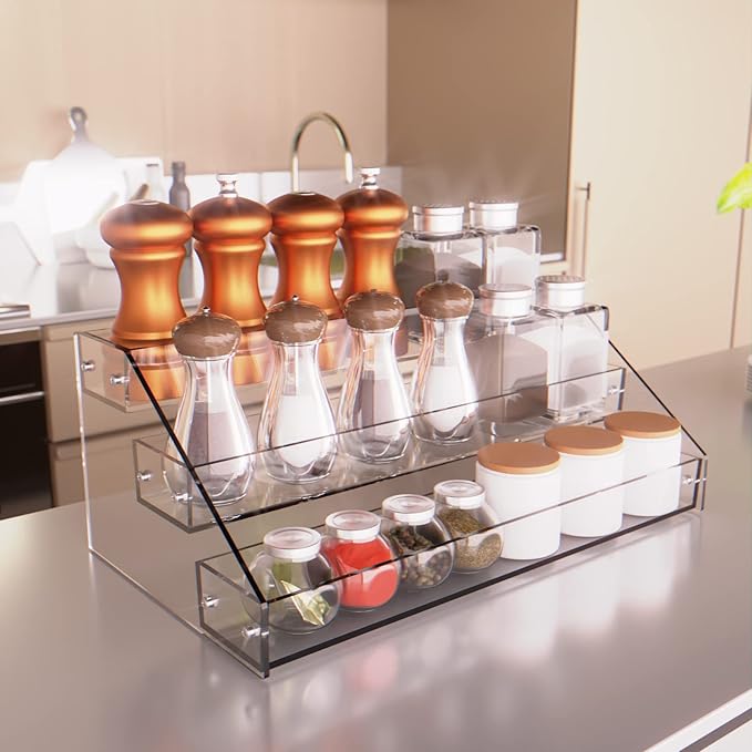 Homakover 3 Tier Acrylic Spice Rack Kitchen Organizer, Sturdy Construction, Space Saving, Great for Cabinets, Pantry, Countertops