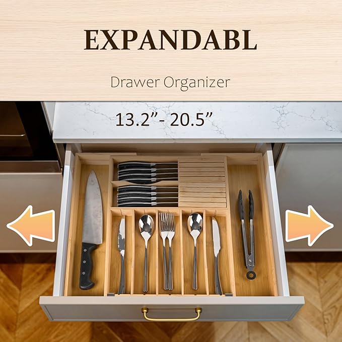 Silverware Organizer Expandable Bamboo Drawer Organizer with Non-Slip Stainless Steel Locking Clips, Kitchen Utensil Holder with Knife Block, Adjustable Cutlery Tray with Curved Grooves Dividers