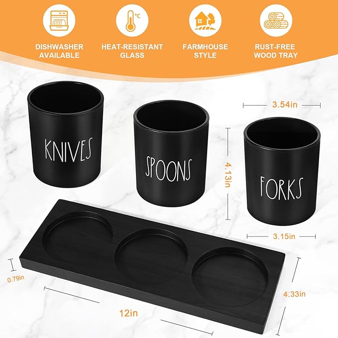 Silverware Caddy, 4 Pieces Kitchen Utensil Holder for Countertop, Black Utensil Holder for Party, Silverware Holder for Party with Wood Tray, Farmhouse Cutlery Holder Storage Organizer