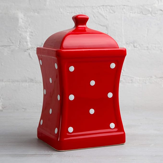 City to Cottage Handmade Red and White Polka Dot Large Ceramic 31.5oz/900ml Kitchen Storage Jar with Lid | Pottery Canister, Cookie Jar, Housewarming Gift