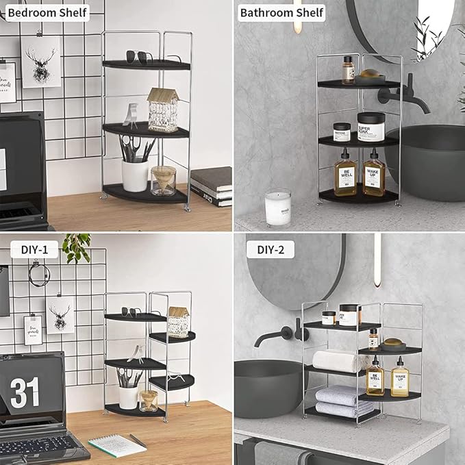 3-Tier Bathroom Countertop Organizer , Vanity Tray Cosmetic & Makeup Storage, Kitchen Spice Rack Standing Shelf , Corner Storage Shelf , Silver&Black