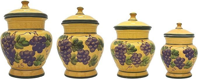 Tuscany Grape Hand Painted Ceramic 4PCs Canister Set with Lid, Kitchen Storage Jar, Food Storage Container, Airtight Storage Container With Rubber Seal