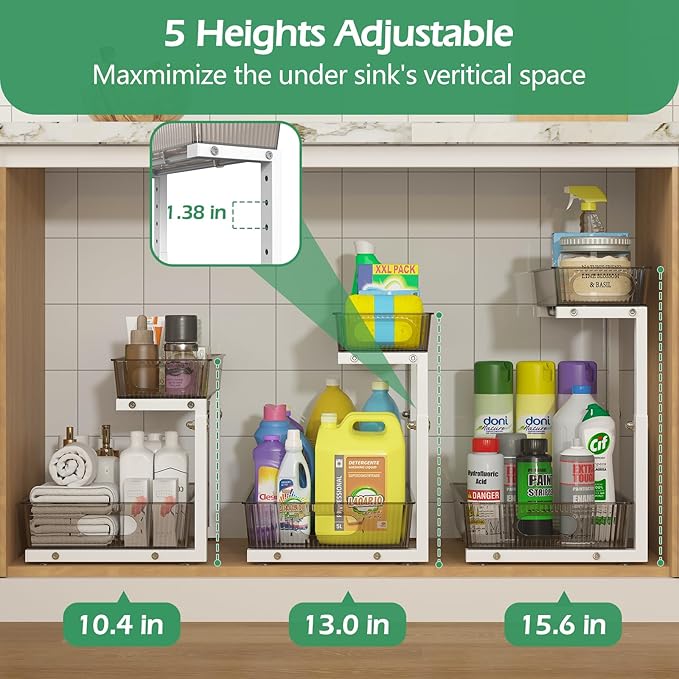 ADRIMER Under Sink Organizer 2 Packs, Pull Out Kitchen Sink Organizer, 2 Tier Slide Out Kitchen Organizers and Storage Bathroom Under Cabinet Storage Shelf, Grey