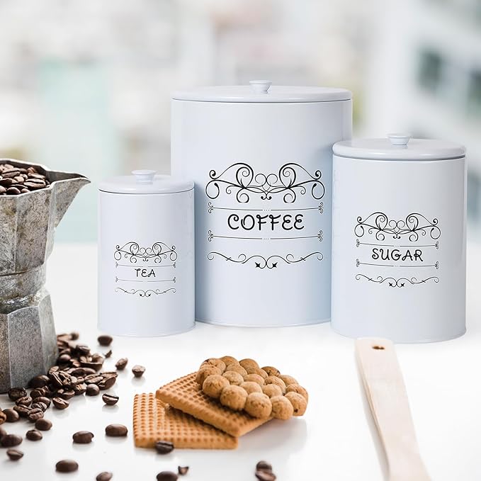Country White Canisters Set of 3, Rustic Farmhouse Metal Containers with Airtight Lids, Kitchen Storage Canisters for Coffee, Sugar, Tea for Kitchen, Pantry Countertop