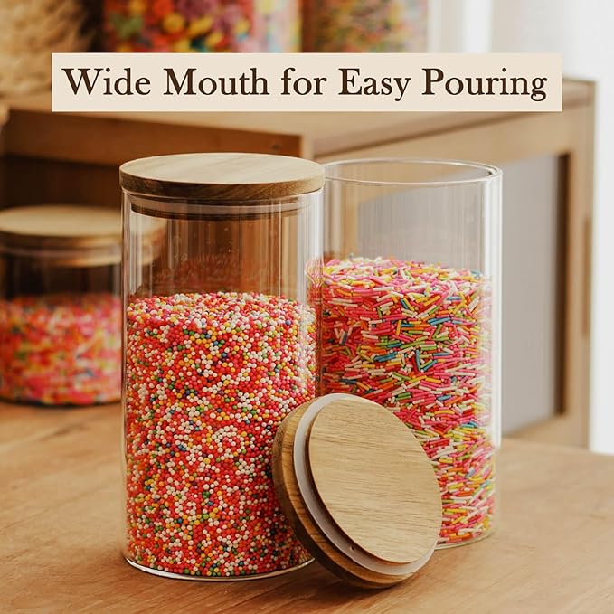 Labina Glass Storage Container Airtight Food Jars Kitchen Canister with Wood Lids, 40 Oz Wide Mouth Pantry Organization Glass Jar for Flour, Sugar, Cookie, Spagetti, Candy and Nuts