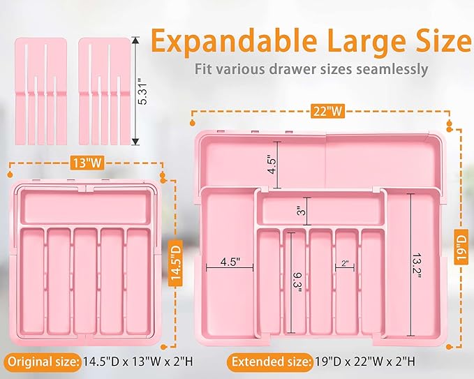 Homecor Silverware Organizer - Expandable Large Kitchen Drawer Organizer Utensil Organizer with 2 Knife Block Inserts, 22"x 19"Cutlery Tray with Drawer Dividers for Kitchen Flatware (Pink)