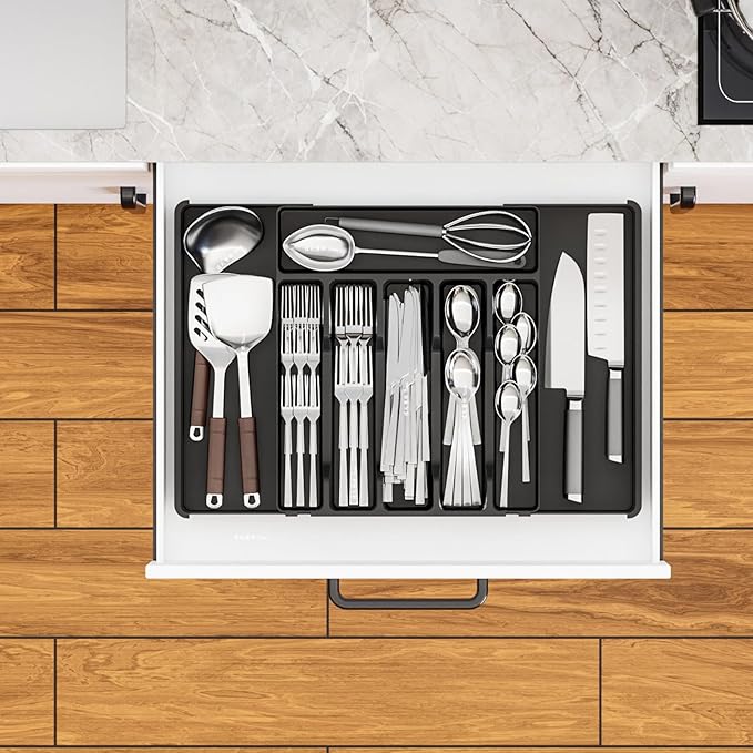 Yieach Black Expandable Silverware Organizers for Kitchen Drawers,Large 8 Grid Silverware Tray and Cutlery Drawer Organizer,BPA Free Kitchen Utensil Organizer for Knife,Spoons Forks Set Flatware Tray