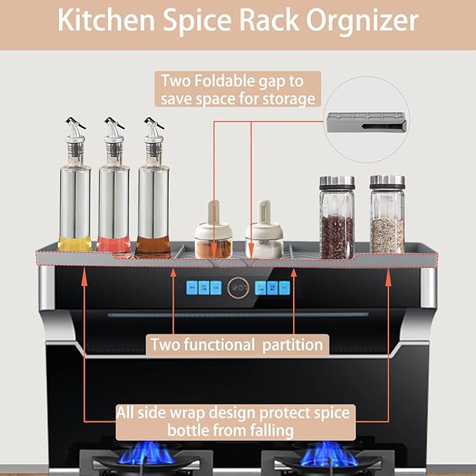 Silicone Stove Top Shelf 30" Magnetic Spice Rack Organizer Over the Stove Top for Kitchen for Curved Stove Oven Top Spice Rack Heat Insulation Non-slip (Gray)