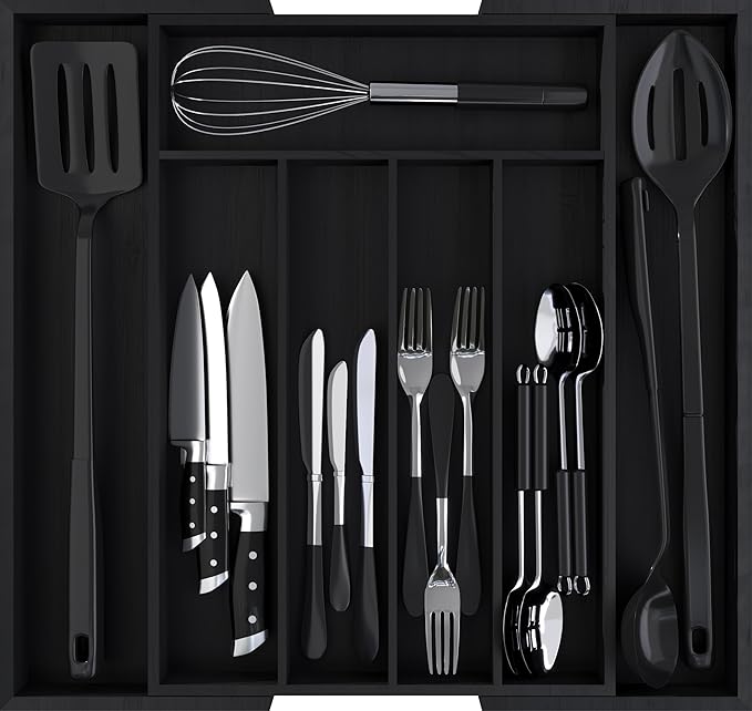 Utopia Kitchen Expandable Bamboo Utensil Drawer Organizer, Silverware Organizer for Cutlery, Flatware Holder (5-7 Slots, Black) - Pack of 1