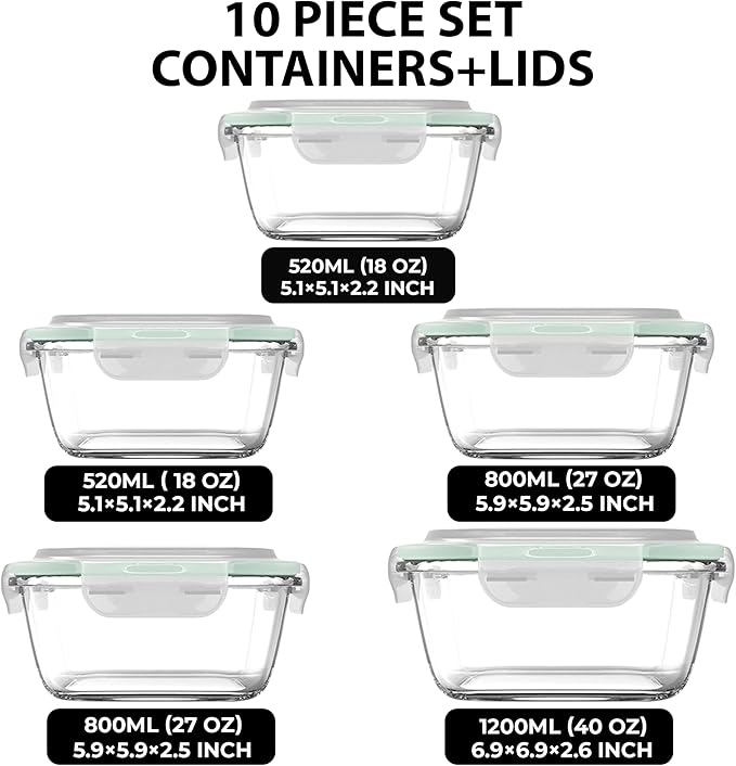 Razab 10 Pcs Glass Food Storage Containers with Lids – 40, 27, 17 Oz | Airtight Glass Storage Containers, BPA-Free meal prep containers reusable glass - Leakproof Kitchen Containers for Organizing