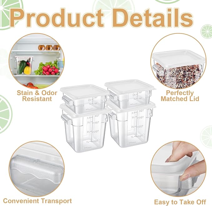 Barydat 4 Pcs Food Storage Container with Lids 2Qt and 4Qt Square Commercial Containers with Scales and Handles Polycarbonate Clear Food Storage for Kitchen Proof Dough Marinating Meat(White)