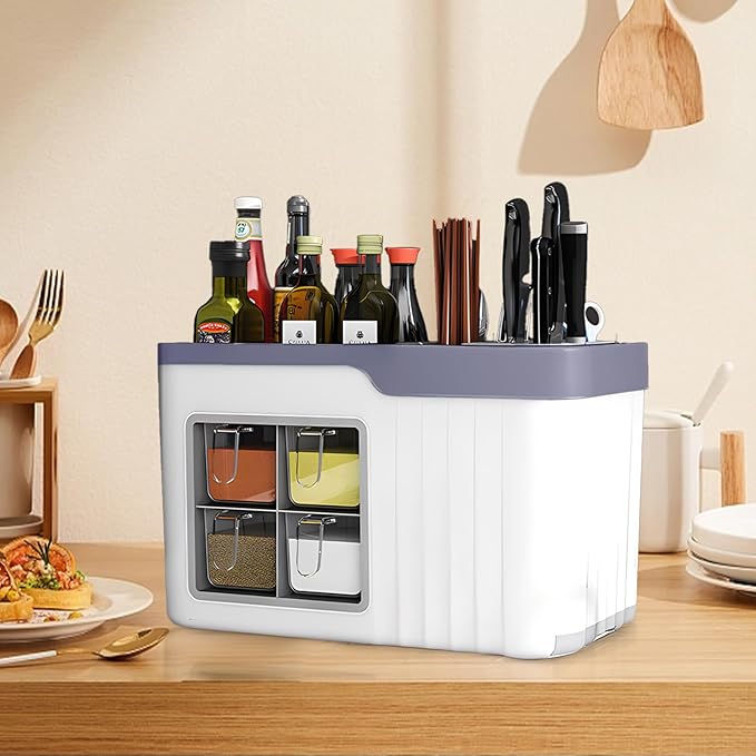 Spice Rack Organizer & Holder with Knife Block, Multifunctional Kitchen Organizer with Seasoning Storage Box, Seasoning Box, Spices Jars Storage Shelf for Kitchen Countertop