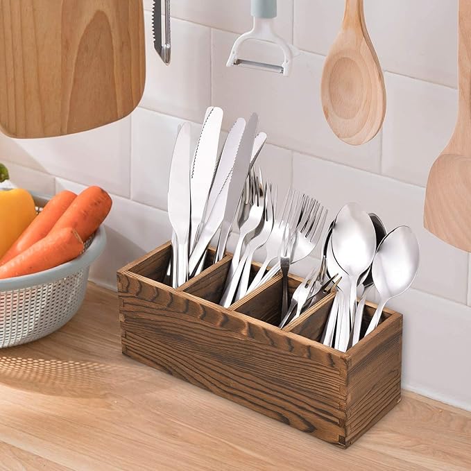 Wooden Silverware Caddy, Kitchen Utensil Holder with 4 Adjustable Compartments, Silverware Storage Kitchen Flatware Caddy