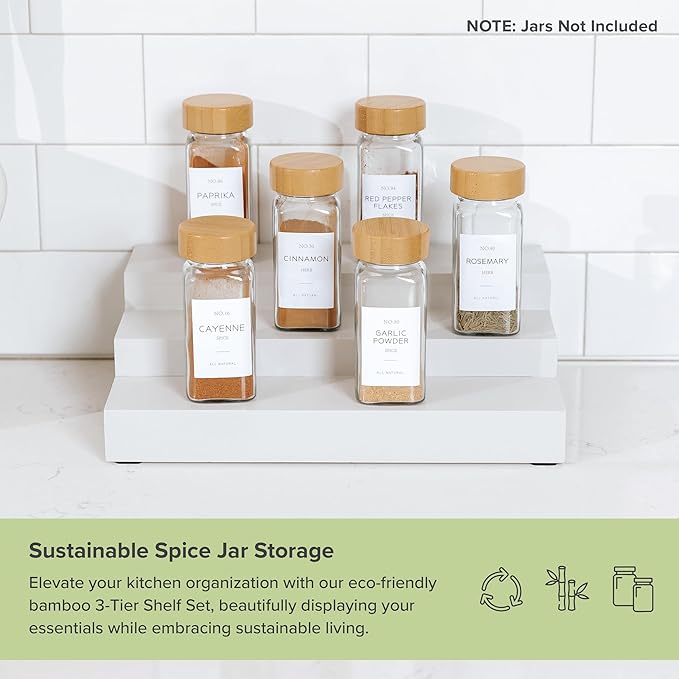Expandable Spice Rack Organizer for Cabinet, 3-Tier Shelf for Spice Organization (11” to 22”), Fits 36 Spice Jars, Seasoning and Pantry Storage, Non-Slip Feet, 100% Bamboo, White Finish