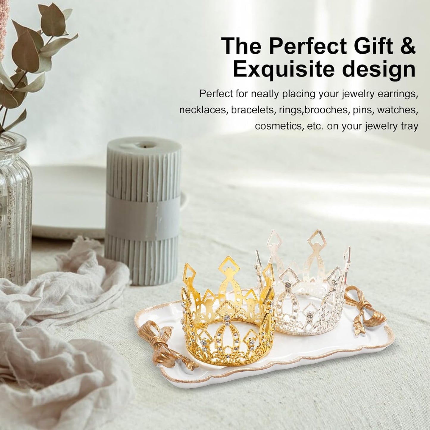 Vintage Decorative Tray Jewelry Tray Towel Tray Storage Tray Rings Necklace Bracelets Earrings Trays Cosmetics Jewelry Organizer Retro Design Bow Decor Resin Plate Coquette Room Decor (White)