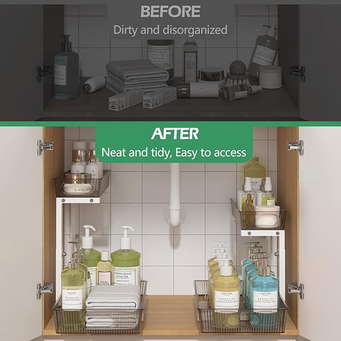 ADRIMER Under Sink Organizer 2 Packs, Pull Out Kitchen Sink Organizer, 2 Tier Slide Out Kitchen Organizers and Storage Bathroom Under Cabinet Storage Shelf, Grey
