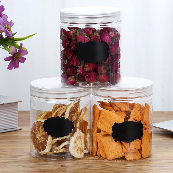 16 OZ Plastic Jars with Lids, 12 Pack Clear Plastic Slime Containers for Kitchen and Household Food Storage of Dry Goods, Creams and More,Included Extra Label and A Pen
