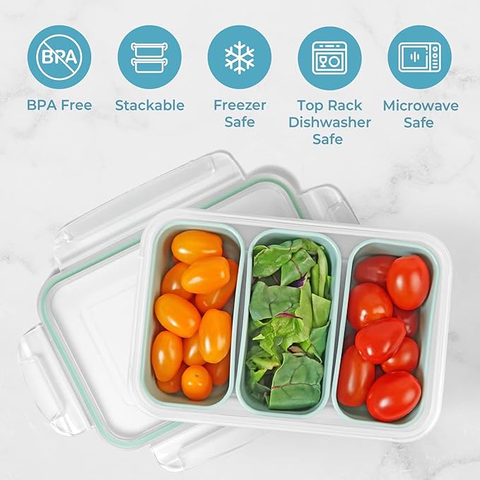 carrotez Food Storage Containers with 3 Removable Compartments, Food Prep Container with Airtight Lids, Portion Control Container, Microwave Safe, Reusable, 4.64 Cup (1100ml)