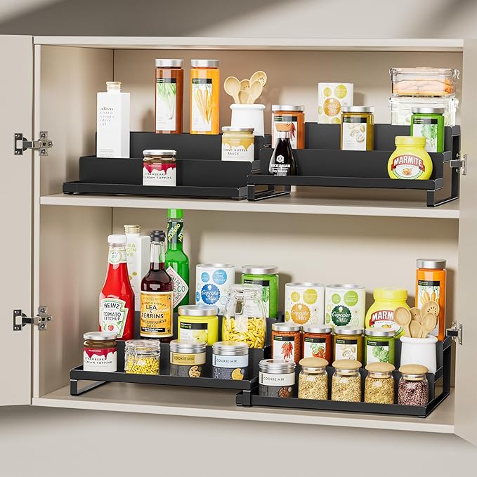 RCHYFEED Spice Rack Organizer for Cabinet, Set of 2 Metal 3 Tier Spice Rack Expandable Display Risers, Seasoning Organizer for Kitchen Cabinet Countertop Pantry Spice Organizer