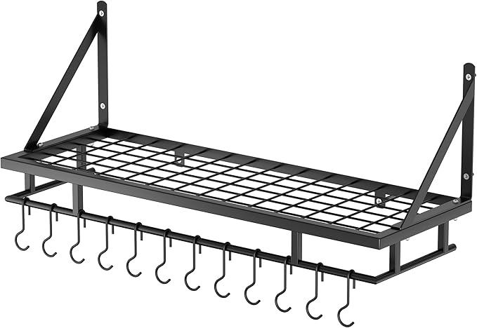 KES 30-Inch Kitchen Pan Pot Rack Wall Mounted Hanging Storage Organizer Wall Shelf with Hooks Matte Black, KUR215S75A-BK