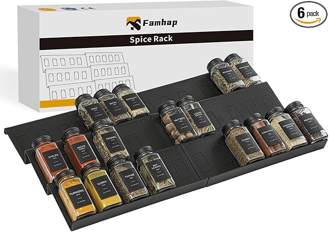 Famhap Spice Drawer Organizer, 6 Pack Drawer Seasoning Organizer Expandable from 11.6" to 23.2" Seasoning Rack Tray Insert for Kitchen Drawers, Spice Rack Tray for Drawer/Countertop (Black)