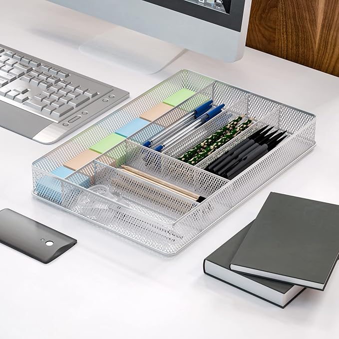 TQVAI Silverware Organizer - 6 Slots Non-Slip Mesh Kitchen Drawer Organizer - Metal Compact Utensil Cutlery Holder in Drawer Tray, Silver