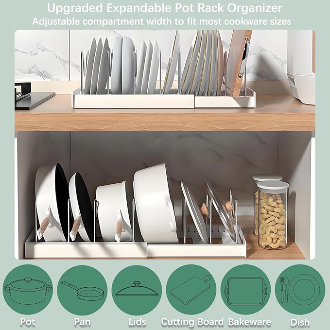 Pot and Pan Organizer, Expandable Pots and Pans Organizer Under Cabinet, Pot Lid Holder with 10 Adjustable Compartment for Bakeware, Cutting Boards, Lid, Dishes, Cookware (1 Pcs)