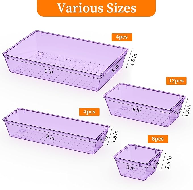32 PCS Clear Plastic Drawer Organizer Set, 4-Size vanity organizer Trays and Storage Bins for Makeup, Jewelry and Gadgets in Bedroom, Bathroom and Office, Clear Purple
