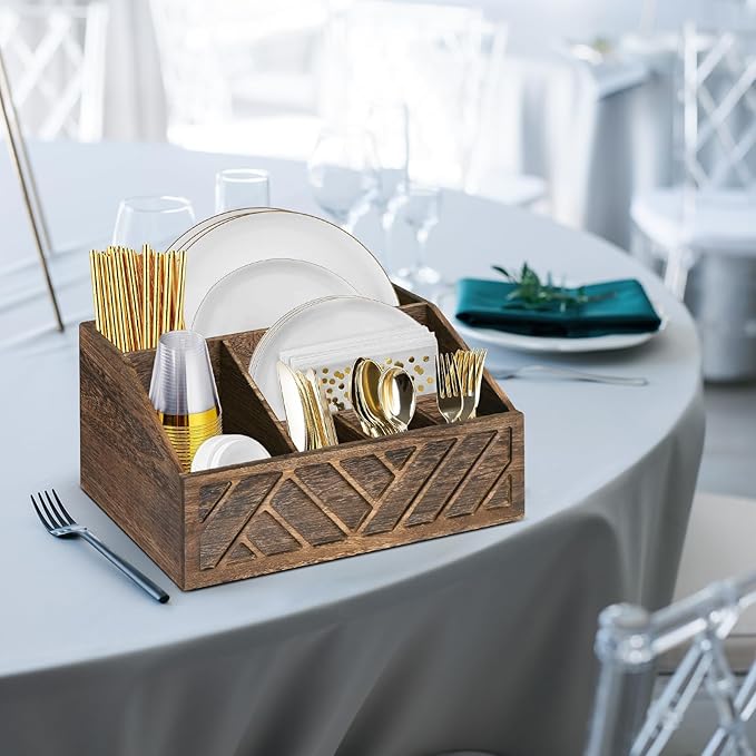 Paper Plate Dispenser, Paper Plate Holder for Kitchen Counter, Wood Rustic Silverware Utensil Caddy, Cutlery Flatware Organizer Box for Cups Spoons Forks Plates Napkins, Kitchen Accessories (Brown)